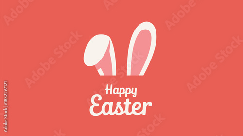 Cute illustration of white bunny ears with pink insides and happy easter text on a coral background