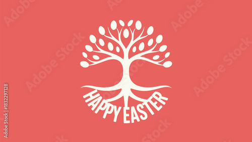 Stylized white tree with roots forming the words happy easter on a coral background