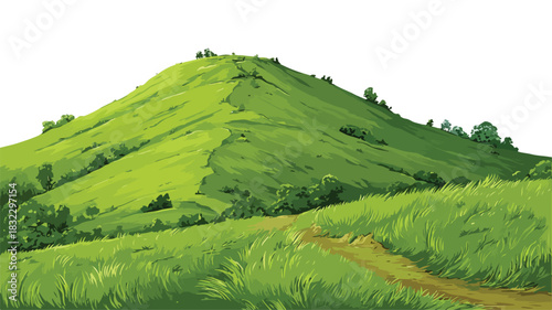 Serene Landscape with Green Hill and Path Vector Illustration