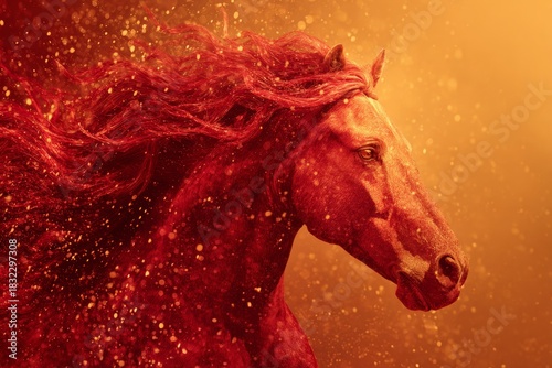 Majestic Horse With Flowing Mane Surrounded by Golden Sparkles During Sunset in a Vibrant Landscape