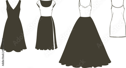 Fashion technical drawing of women's dress outlines: a-line, cap sleeve, formal gown, and slip designs on white Vector