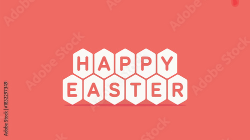 Happy easter greeting with white hexagonal tiles spelling out the message on a coral background