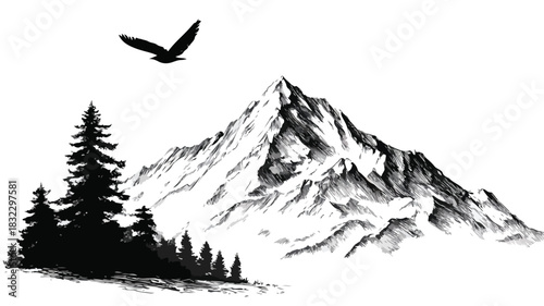 Serene Mountain Landscape with Flying Bird and Tree in Background