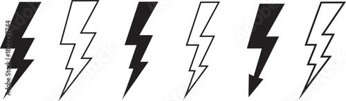 Collection of black lightning bolt icons on a clean background, representing electricity, power, energy, and danger symbols. Vector