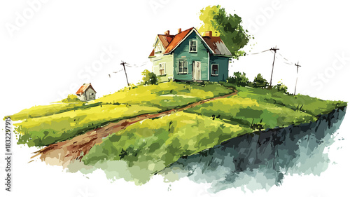 Rural Landscape Painting with Farm and House Vector Illustration