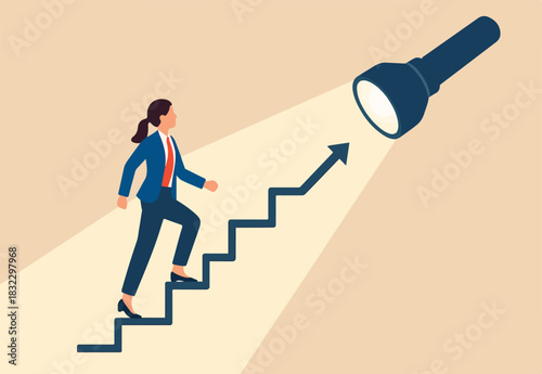  Career guidance or advice to step up career path, business direction or spotlight to success, discover talent or job candidate concept, flashlight staircase light beam to step up for businesswoman