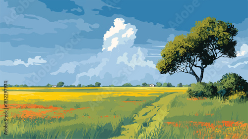 Serene Landscape Painting of Field with Background Tree - Vector Illustration
