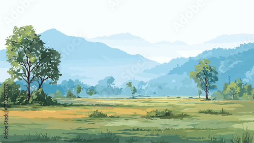 Serene Landscape Painting of Field with Trees and Majestic Mountains in Background