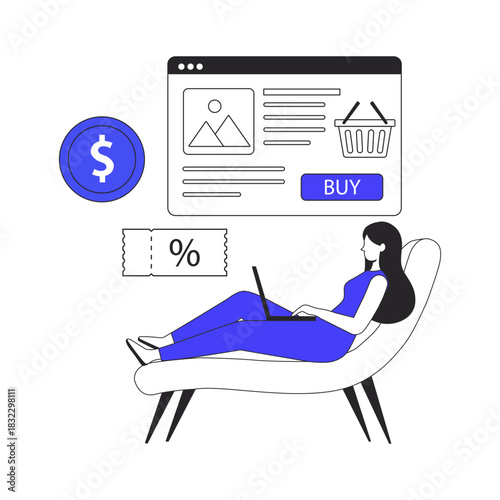 Woman shopping online with laptop on a chaise lounge next to a coin and discount coupon icon