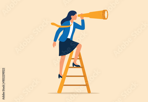 Career opportunity, business success vision or searching for new job, leadership visionary, looking for goal, future or business discovery concept, businesswoman climb up ladder looking on telescope