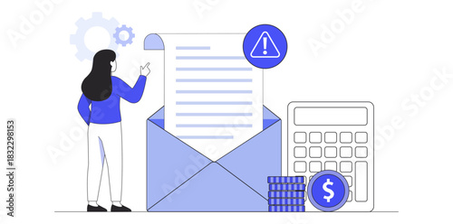 Woman pointing at gears and envelope with document next to calculator and coins with warning sign