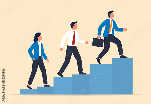  Career path or improvement, growth stair to success, job promotion or business competition, aspiration or motivation to succeed concept, business people walk up stair to next level floor to the top