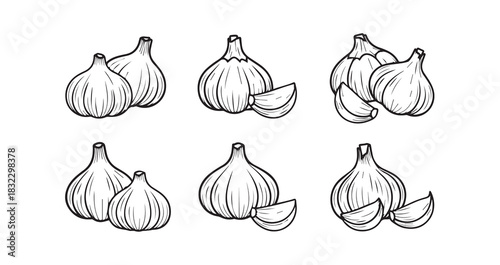 Garlic icon 6 pec set black line art