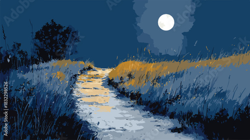 Enchanting Path in Moonlit Night: Vector Illustration with Full Moon in Background