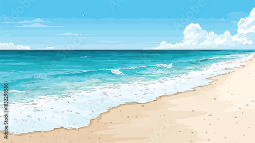 Serenity Beach Landscape with Water, Scenic Tropical View Decoration