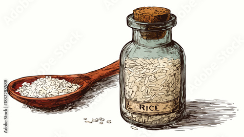Bottle of Rice and Spoon of Salt Vector Illustration for Culinary Concepts