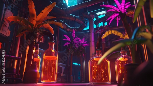 Cyberpunk laboratory with neon plants and glowing liquid bottles background art