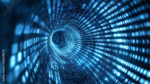 Blue tunnel of digital data with binary code flowing through a network