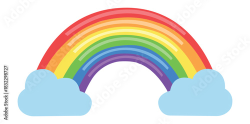 Illustration of a rainbow with red orange yellow green blue indigo and violet colors with clouds on white