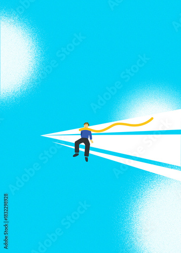 Illustration of a Man On White Paper Air Plane. Free and Relaxed Vibe Wallpaper.