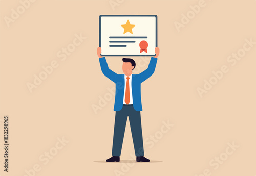 Certificate on taking course, award for excellent work or diploma document, license stamp or education certified guarantee concept, happy businessman with star certificate paper for work achievement.