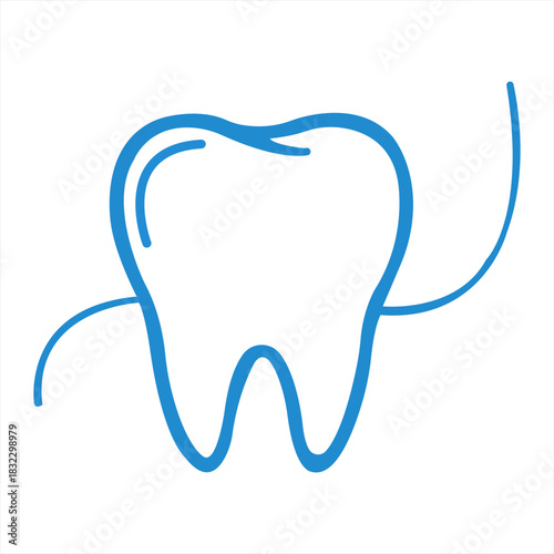 Illustration of a tooth with dental floss in blue color on a white background simple and clean design