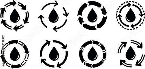 Water drop recycle icons set isolated on transparent background