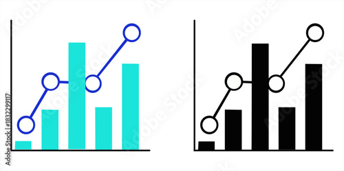 Two graphs showing bar charts with line graphs in blue and black on a white background design