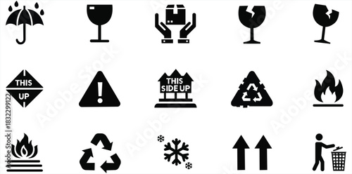 Collection of black and white shipping and handling symbols for package delivery and care instructions