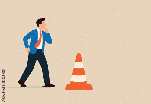 Chalk drawing arrow turn or break through road block traffic pylon on dark blackboard using as obstacle, solution for business problem or break through to success concept.
