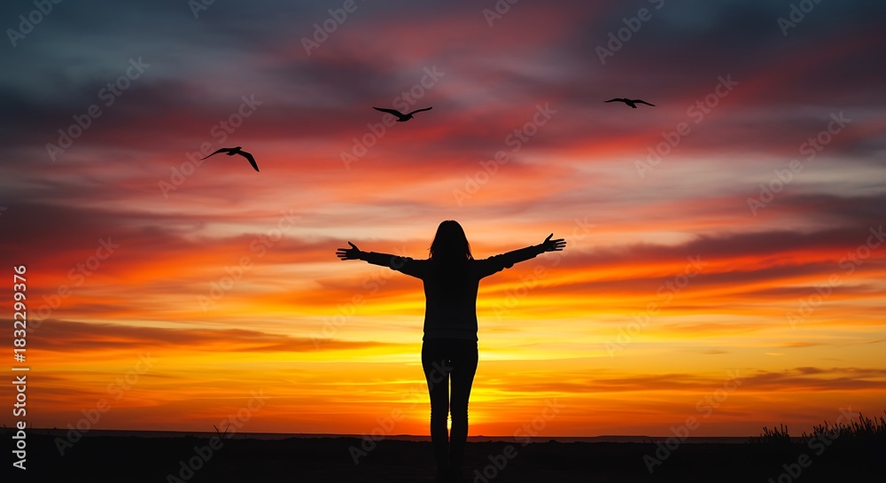 Fototapeta premium Silhouette of a woman with open arms at vibrant sunset freedom concept