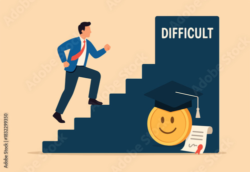 Challenge to overcome difficulty, obstacle or business problem, think of solution to get pass obstacle to success, failure or trouble concept, businessman walk up stair to find huge difficult step