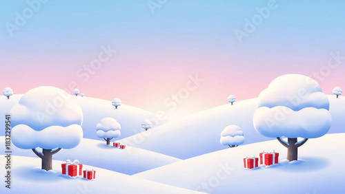 A serene winter landscape, trees, and gift boxes amidst the snow.