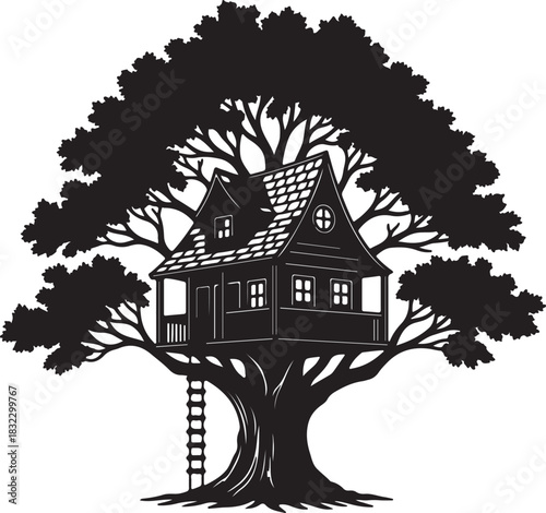 Whimsical treehouse hideaway silhouette in forest canopy playground for adventure design