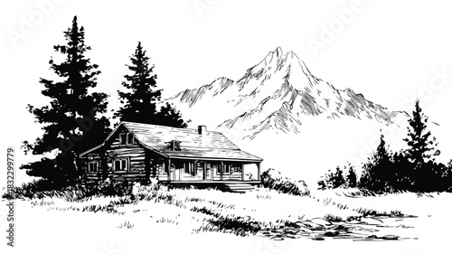 Serene Mountain Cabin Retreat Outline Vector Illustration