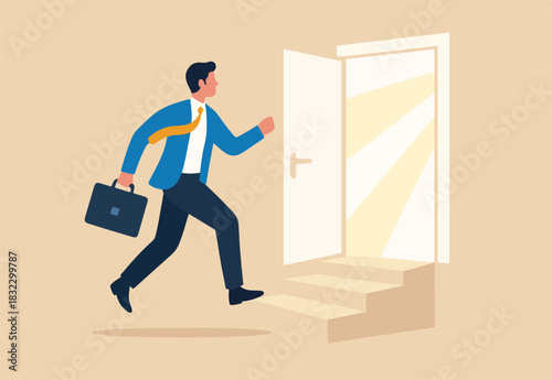 Change job, career transition or move to new opportunity, employee turnover, resignation or leave company, new job, employment, recruitment concept, businessman leave open door to new opportunity.