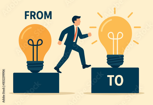 Change or leadership transition, progress to new idea, business direction or discover opportunity, solution to solve problem, challenge concept, businessman walk from old to bright lightbulb idea
