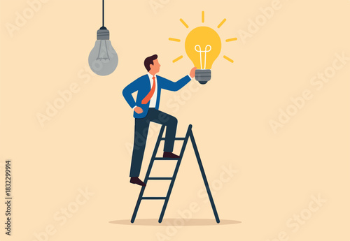 Change to new innovation, transform to new business, solution to disrupt or replace old model with bright technology concept, success businessman leader climb up ladder to change lightbulb idea.