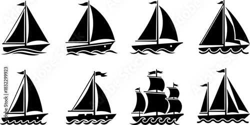 Silhouette sailboats on waves vector art isolated on transparent background