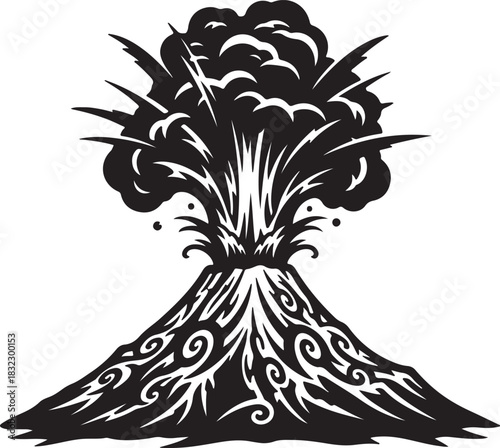 Volcano eruption black silhouette with smoke and lava for natural disaster illustrations