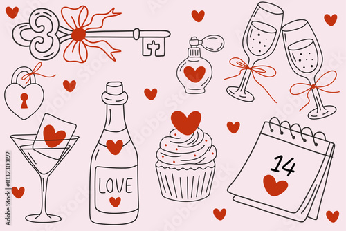 Romantic Valentine’s Day  set with heart-shaped key, love lock, champagne glasses with ribbons, perfume bottle, cocktail glass, love bottle, cupcake with heart topper, and February 14 calendar. 