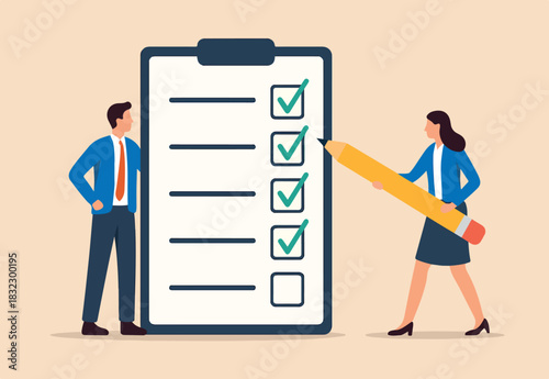 Checklist or checkmark for task completion, survey or questionnaire, finish work or accomplishment, get thing done or tick the checkbox concept, business people hold checklist and pencil to tick