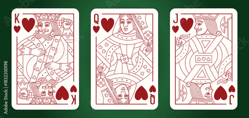 Plauing cards set: King, Queen and Jack of Hearts. Vector editable illustrations. Classic design. 