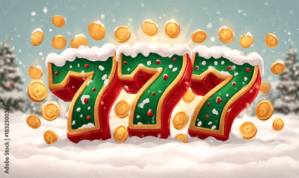 Naklejka premium Festive 777 digits in red and green with snow on top, surrounded by falling gold coins on a winter background
