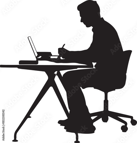 Man works laptop desk office workplace professional occupation silhouette illustration vector