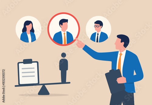 Choose candidate for job position, HR, human resources recruitment or hiring new employee, career opportunity or interview, talent or headhunter concept, businessman pointing at chosen candidate.