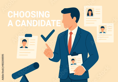 Choosing candidate alternative, recruitment human resources manager, finding employee for job vacancy, discover new talent or applicant concept, business people HR choosing prospect candidate resume.