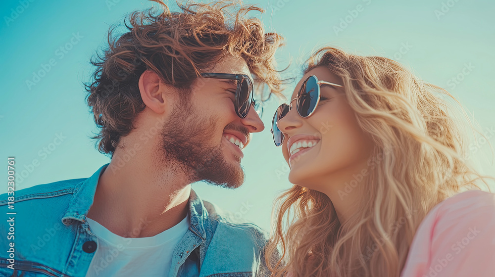 Fototapeta premium Joyful young couple with curly hair and stylish sunglasses sharing happy moment outdoors, gazing at each other with beaming smiles under clear sunny sky