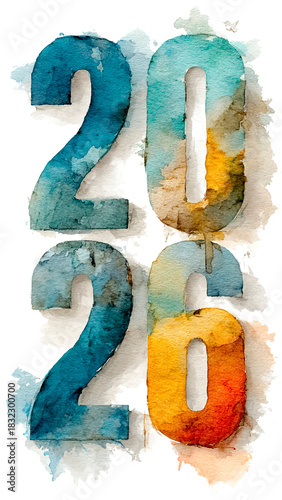Abstract Watercolor Numbers 2026 in Vertical Stack. Artistic New Year, Handcrafted Greeting, Splash Texture.