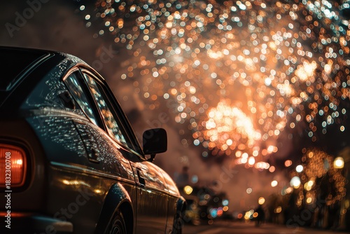 Car parked under fireworks celebrating New Year
